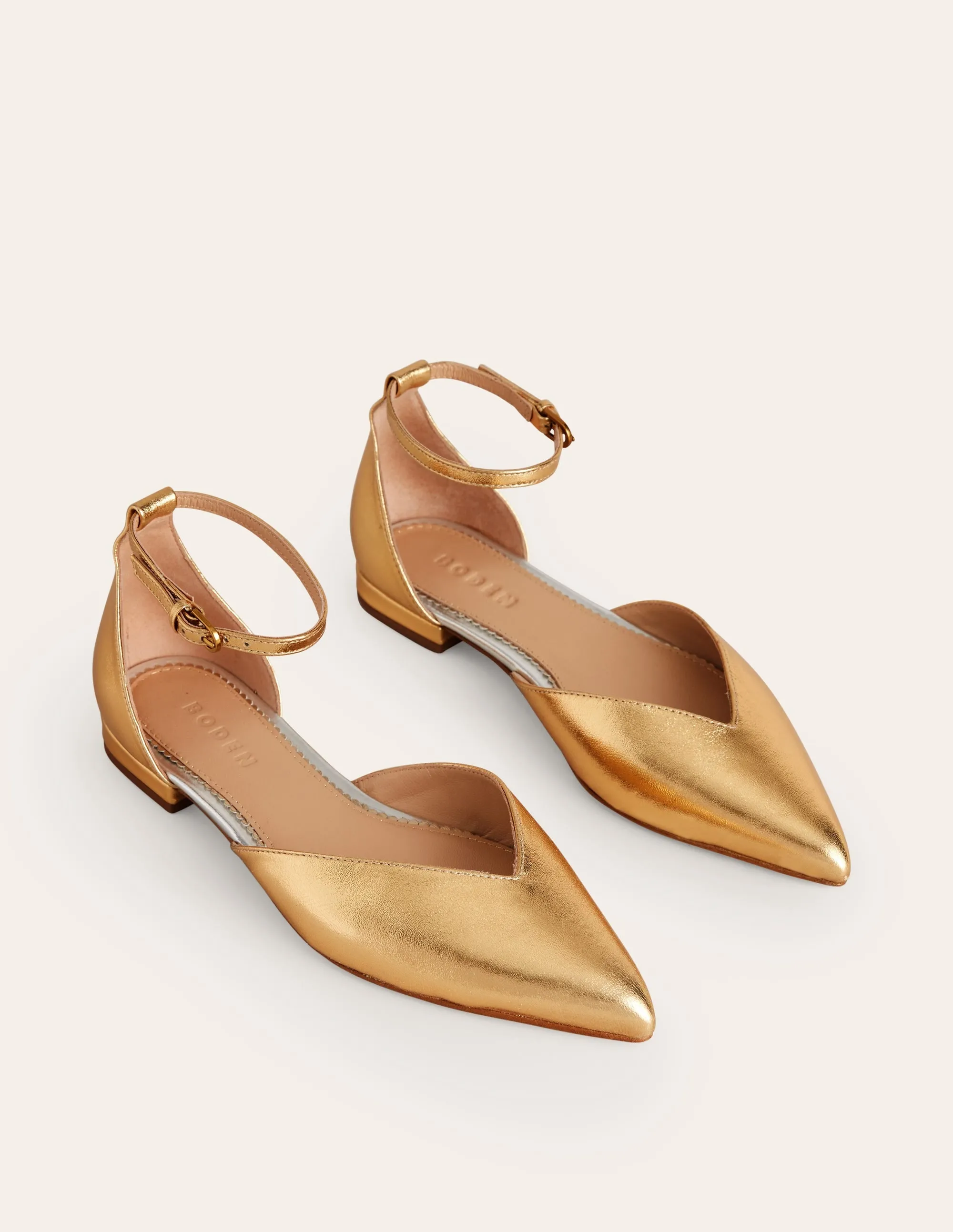 Ankle Strap Point Flats-Gold Metallic Leather