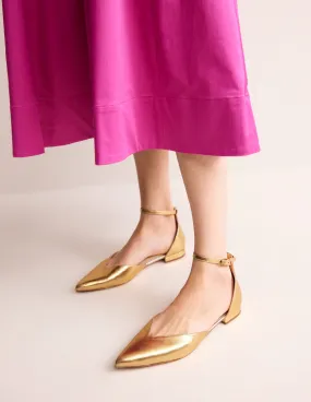 Ankle Strap Point Flats-Gold Metallic Leather