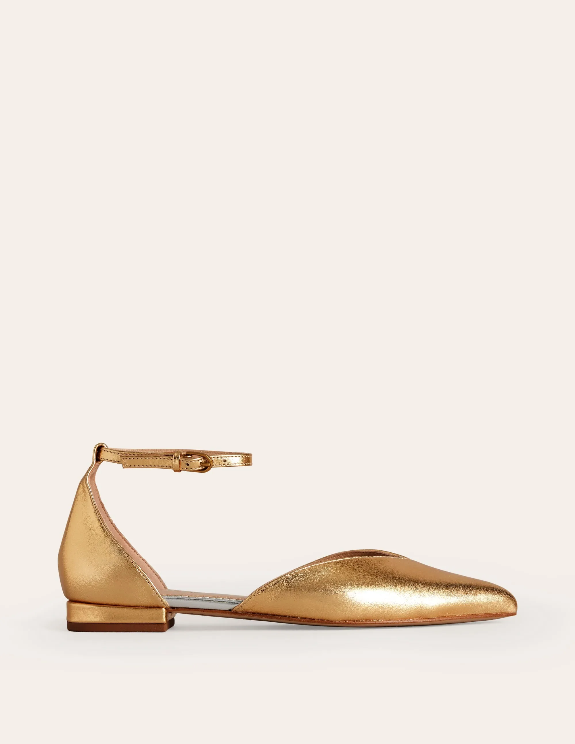 Ankle Strap Point Flats-Gold Metallic Leather