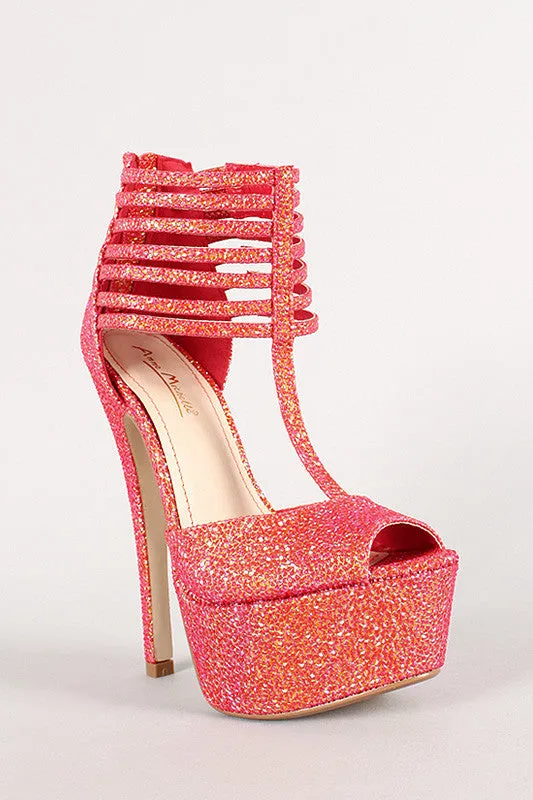 Anne Michelle Strappy Iridescent Textured Peep Toe Platform Heel