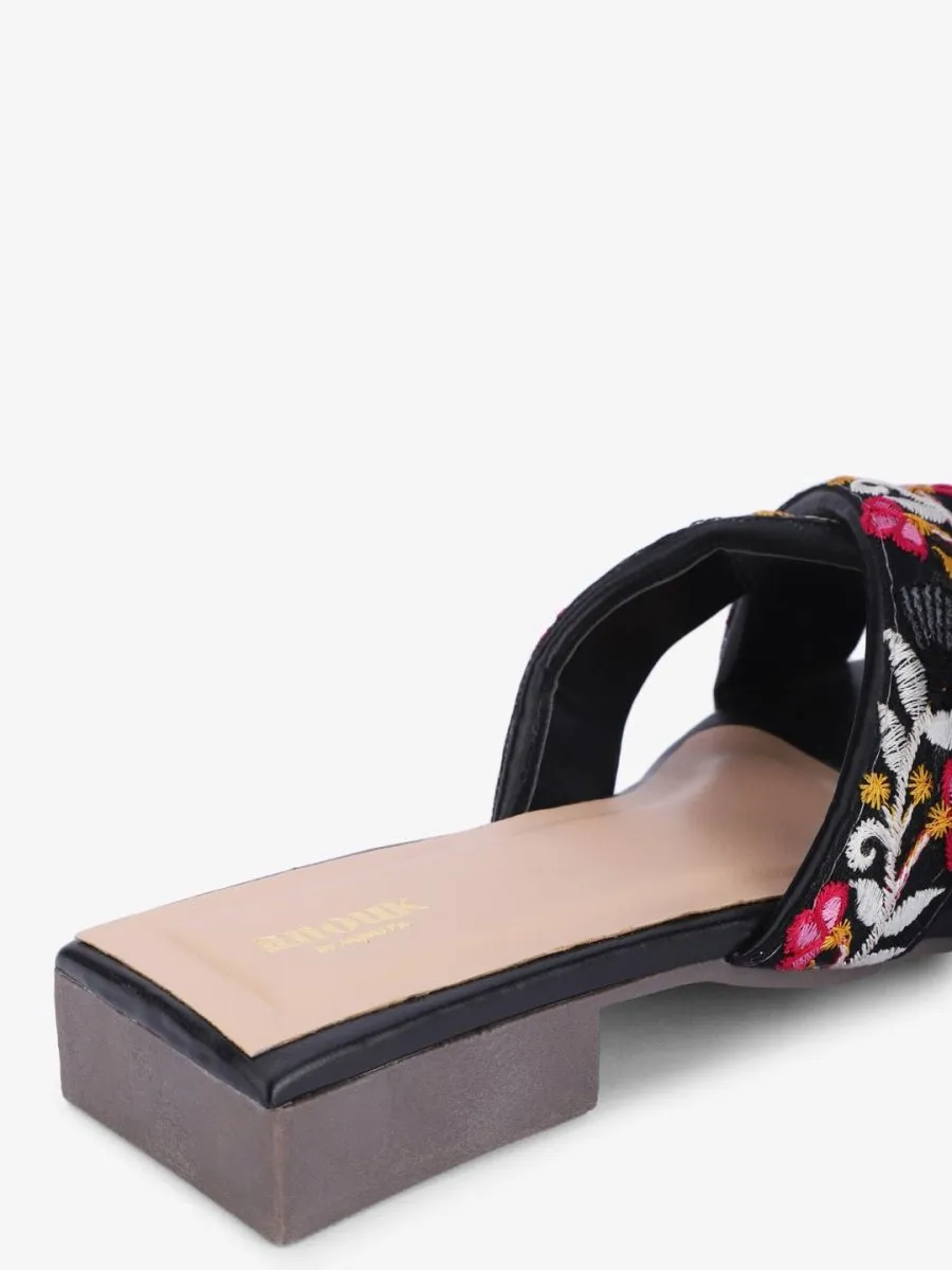 Anouk Black & Pink Embroidered Open Toe Flats