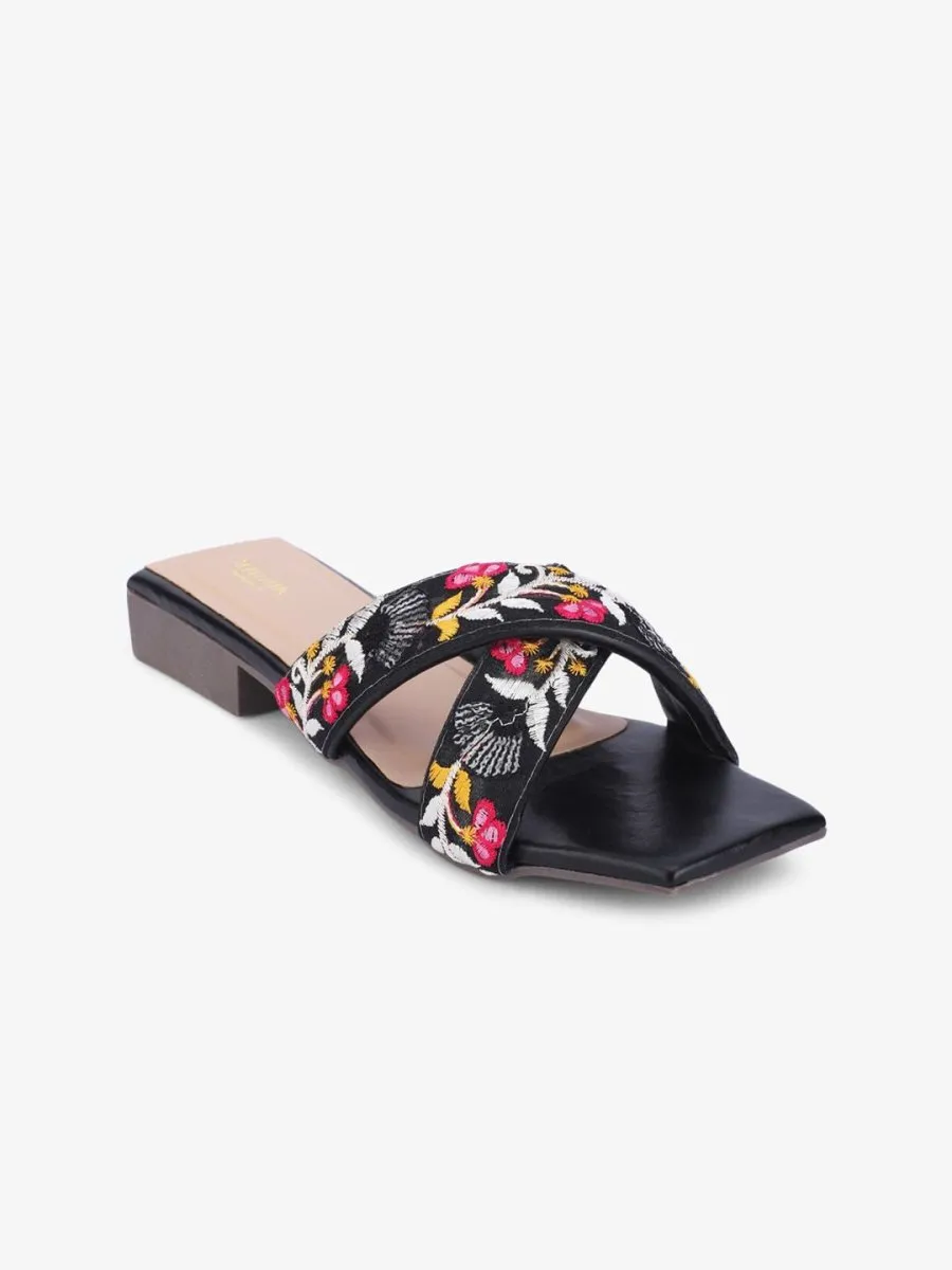 Anouk Black & Pink Embroidered Open Toe Flats