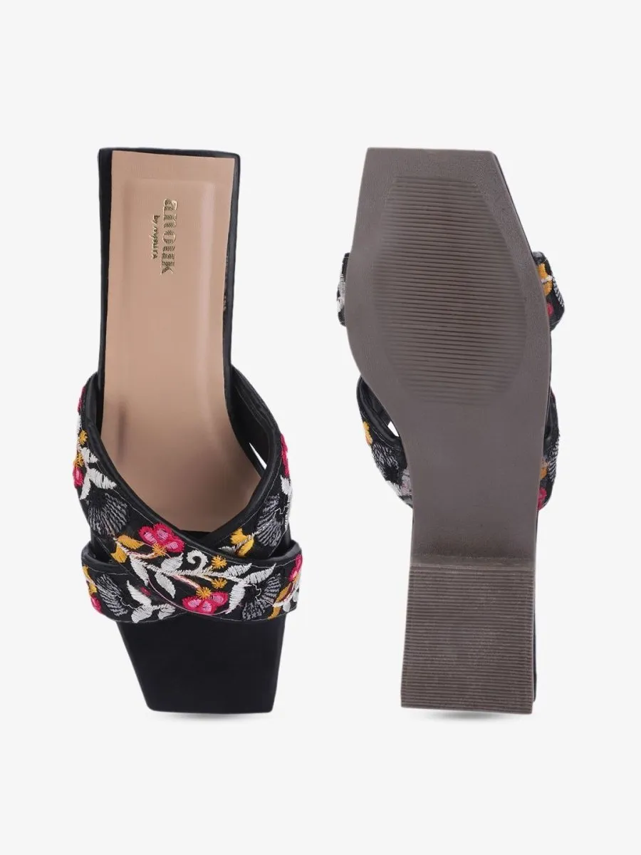 Anouk Black & Pink Embroidered Open Toe Flats