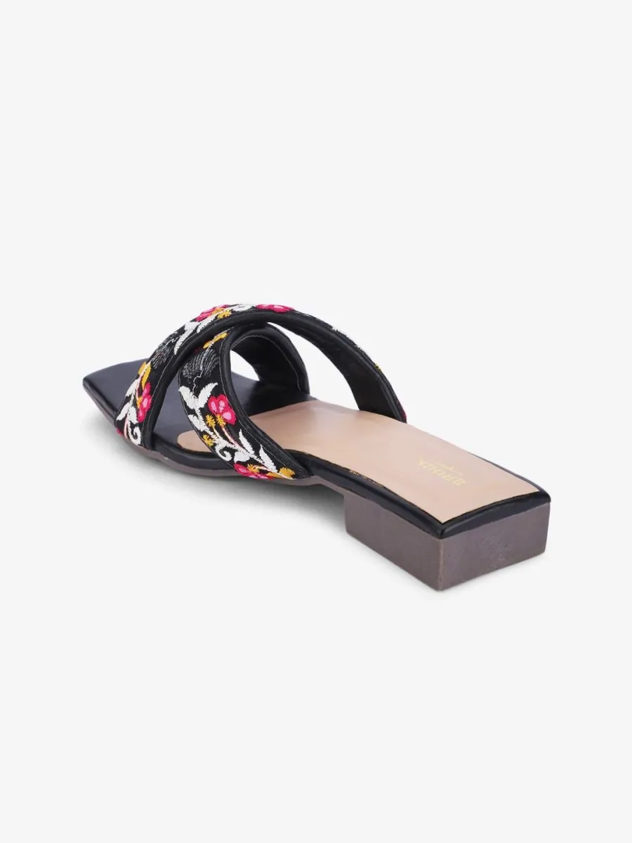 Anouk Black & Pink Embroidered Open Toe Flats