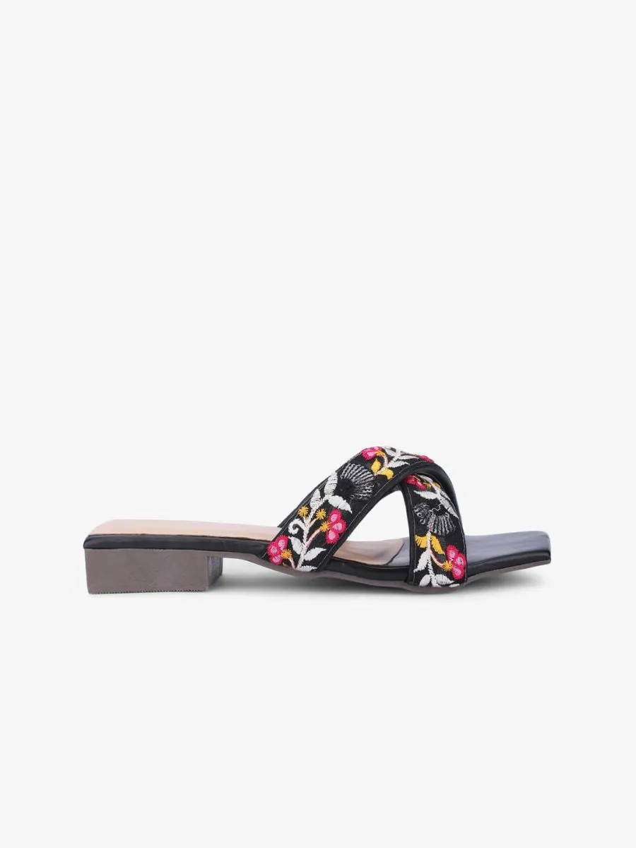 Anouk Black & Pink Embroidered Open Toe Flats