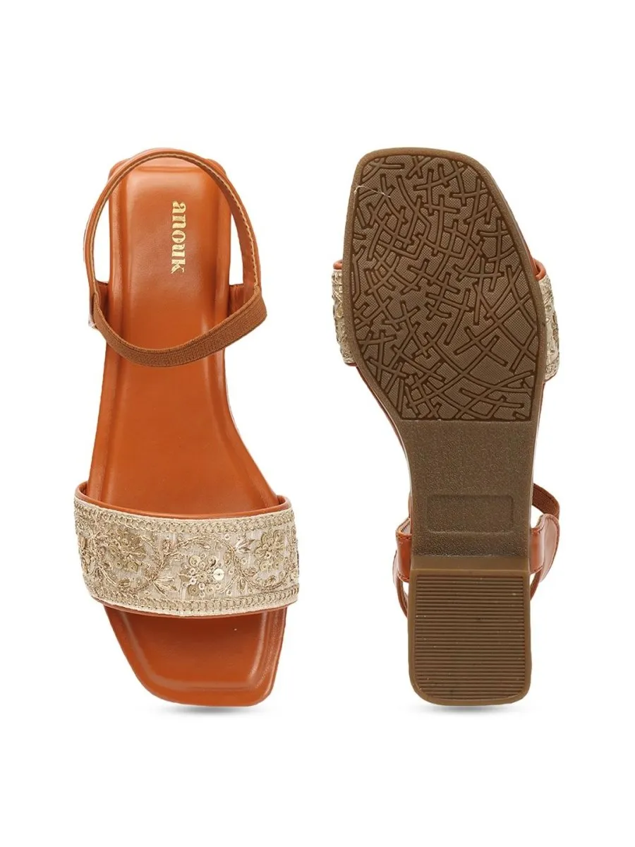 Anouk Tan Brown & Gold-Toned Embroidered Open Toe Flats