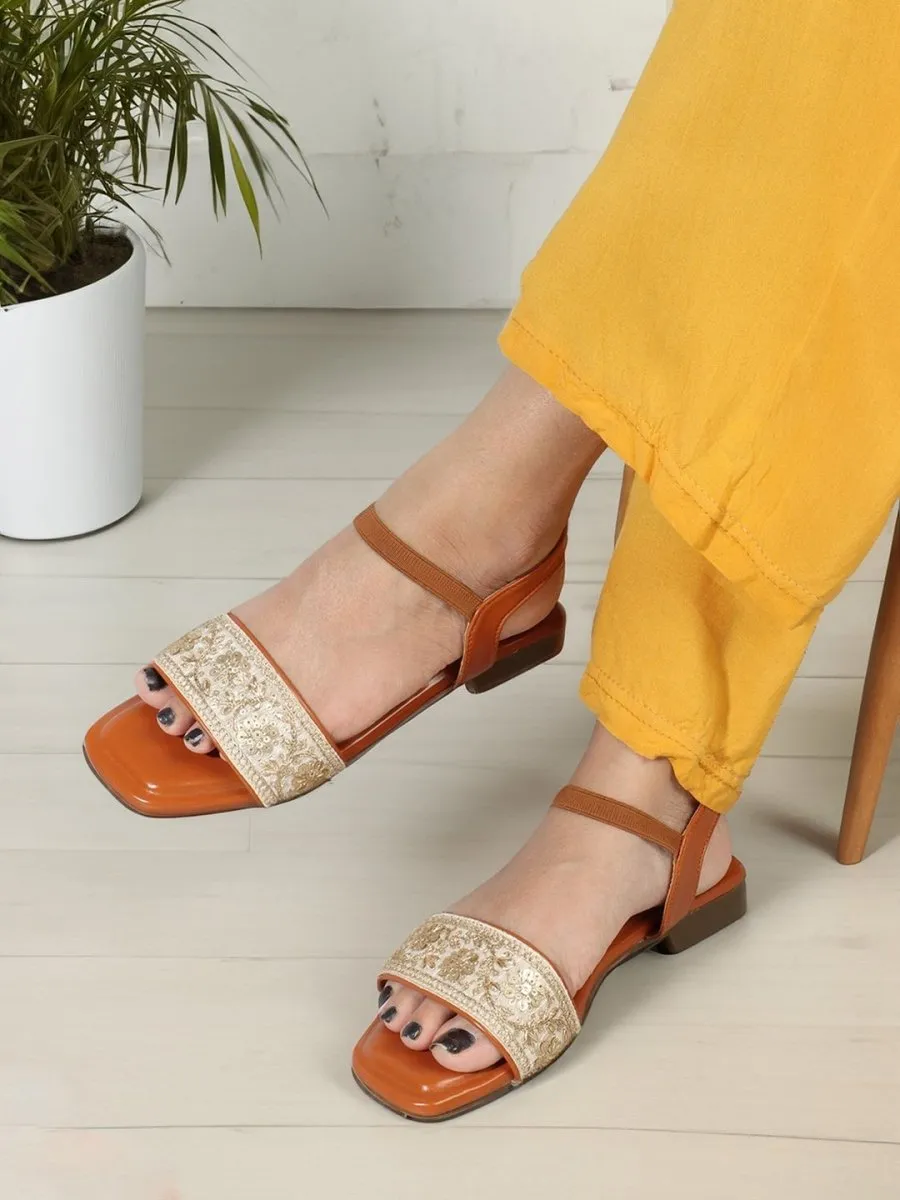 Anouk Tan Brown & Gold-Toned Embroidered Open Toe Flats