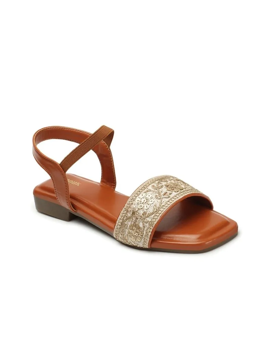 Anouk Tan Brown & Gold-Toned Embroidered Open Toe Flats