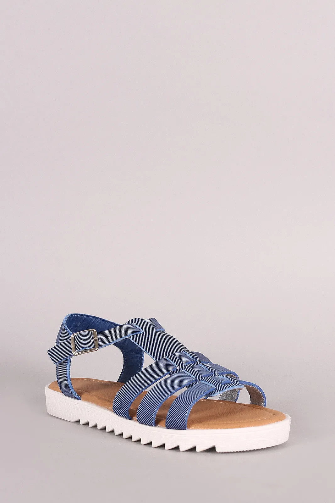 Bamboo Denim Strappy Lug Sole Fisherman Flat Sandal