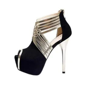 Black Peep Toe Gold Strappy High Heel Ankle Booties