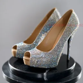 Bling Crystal Peep Toe Slip On Luxury High Heels