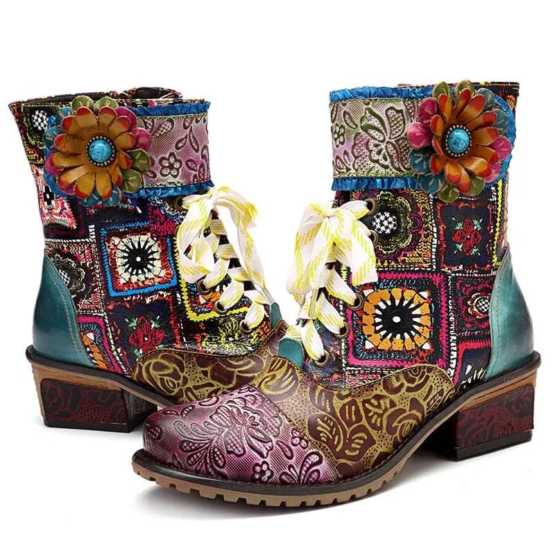 Bohemian Retro Cowgirl Women's Leather Ankle Boots With Zipper