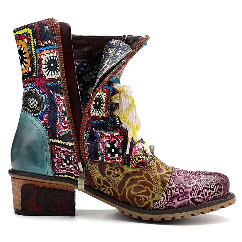 Bohemian Retro Cowgirl Women's Leather Ankle Boots With Zipper