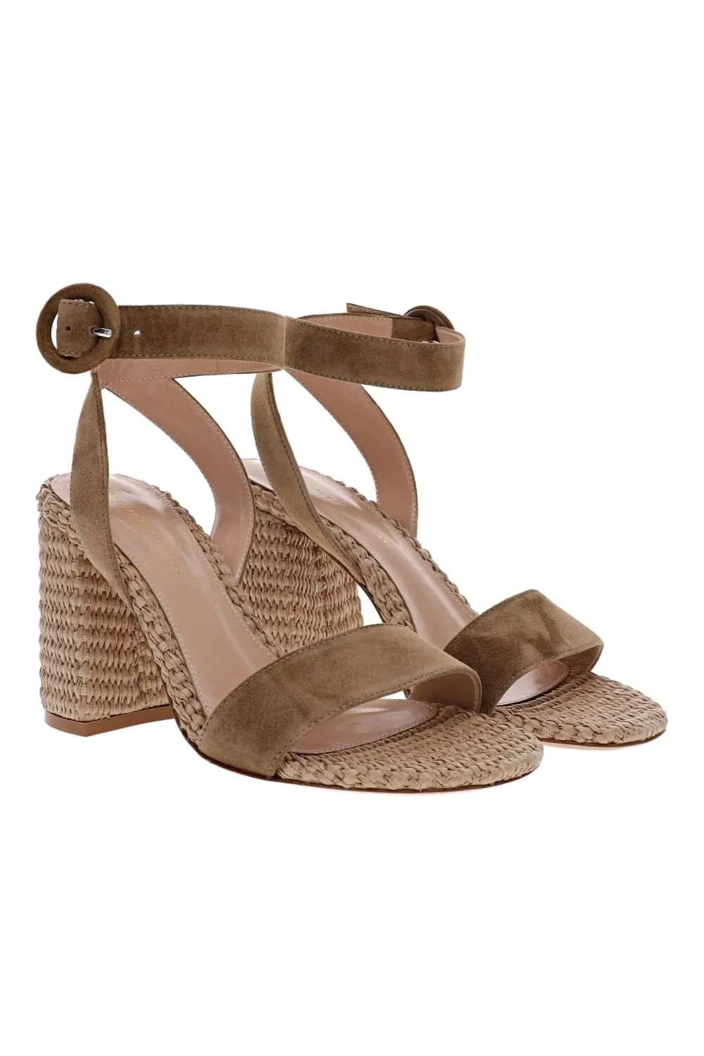 Camel Suede Raffia Ankle Strap Sandals