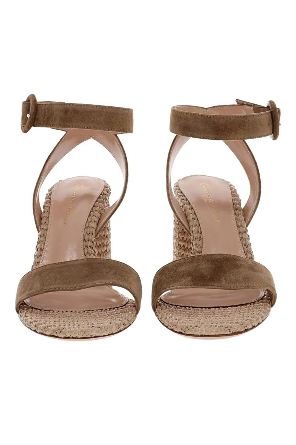 Camel Suede Raffia Ankle Strap Sandals