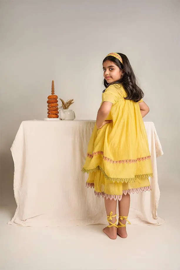 Down by the Bay- Yellow Chanderi Silk Hand Embroidered Gathered A-Line Dress for Girls