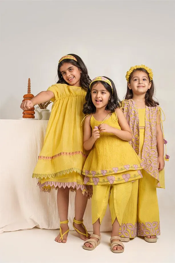 Down by the Bay- Yellow Chanderi Silk Hand Embroidered Gathered A-Line Dress for Girls