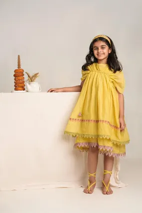 Down by the Bay- Yellow Chanderi Silk Hand Embroidered Gathered A-Line Dress for Girls