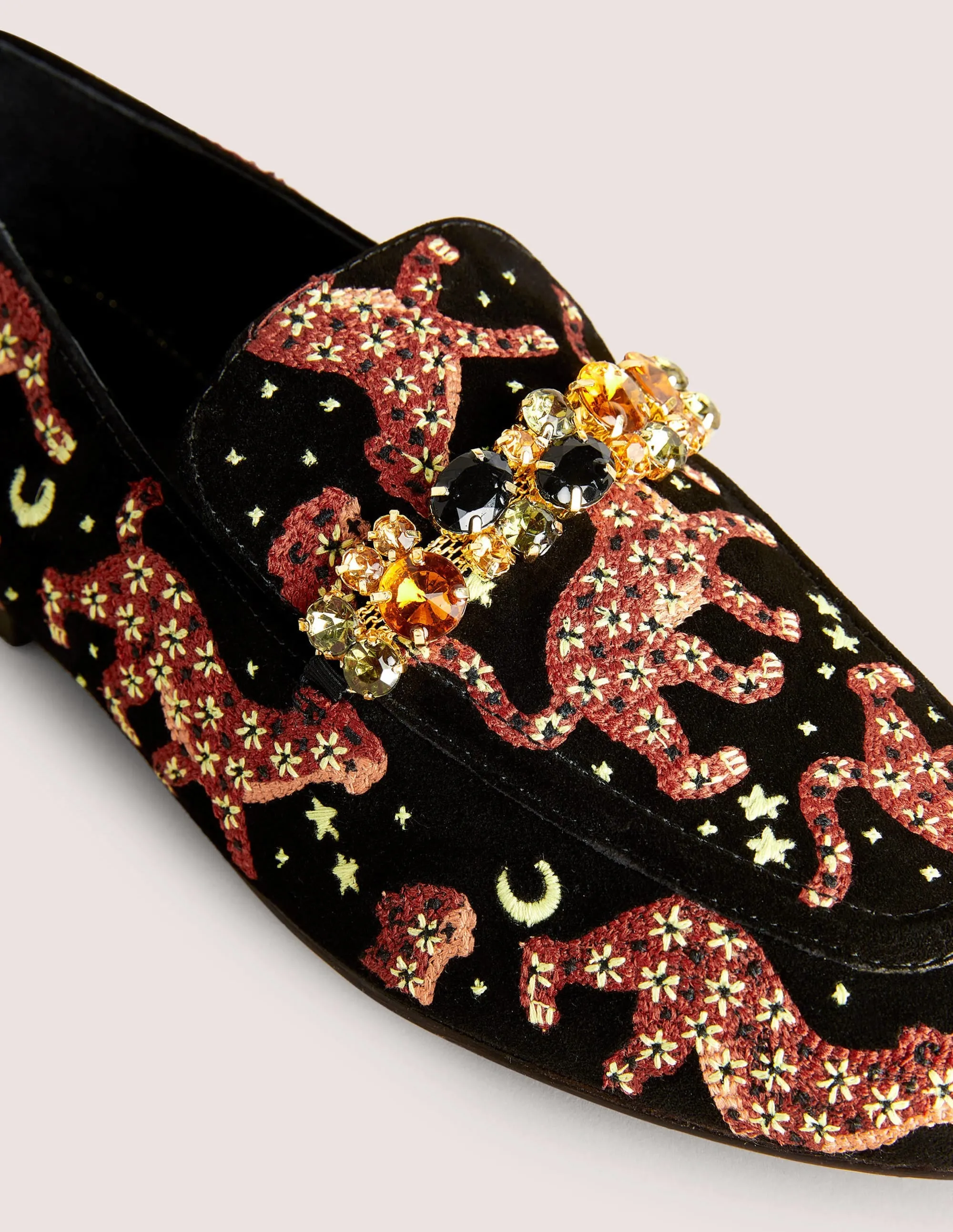 Embellished Trim Loafers-Black Embroidered Cheetah