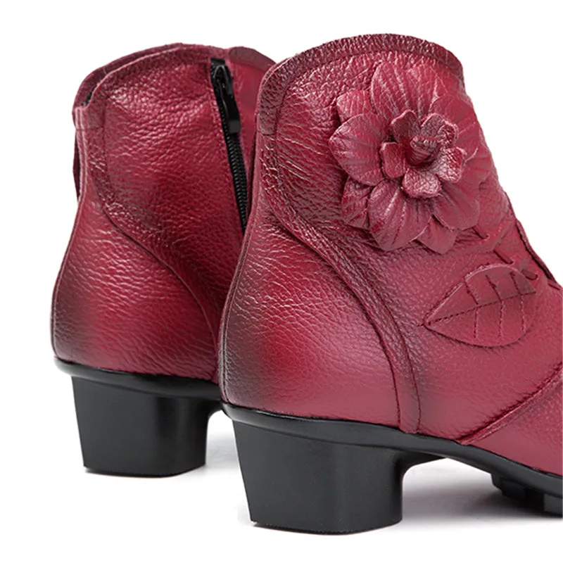 Fashion Women's Leather Floral Square Heel Winter Boots - Red,Gray