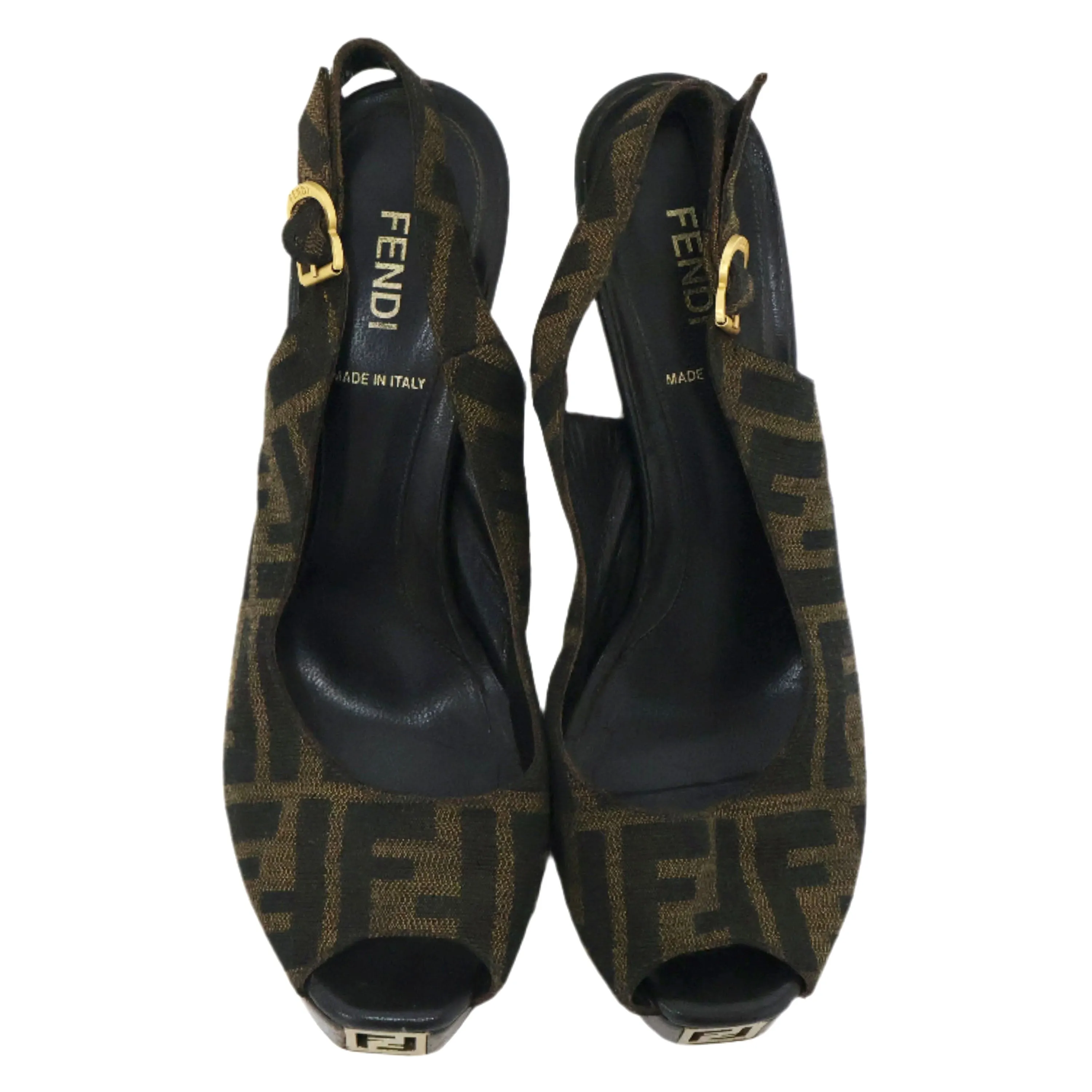 Fendi Peep Toe Slingback Zucca Brown 37