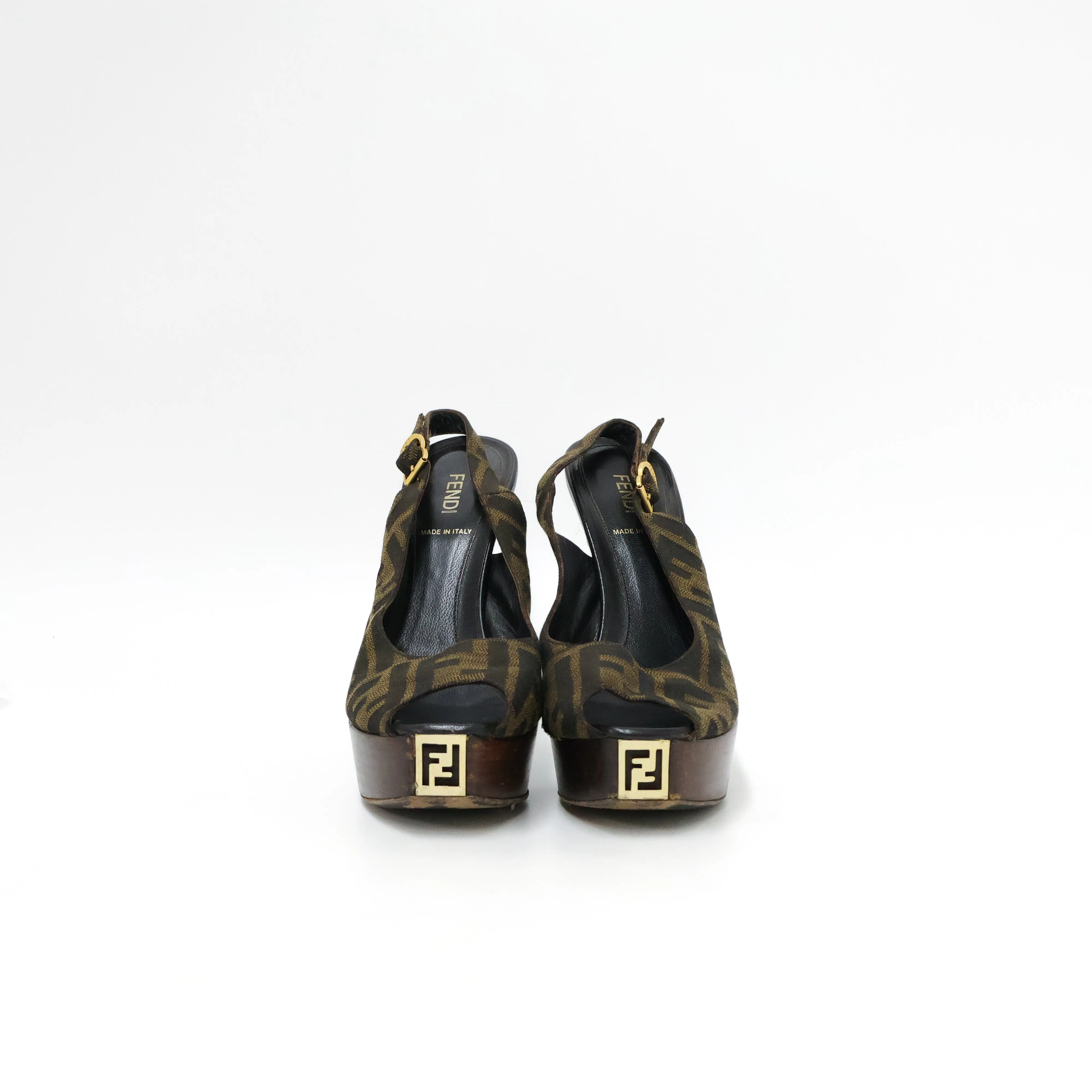 Fendi Peep Toe Slingback Zucca Brown 37