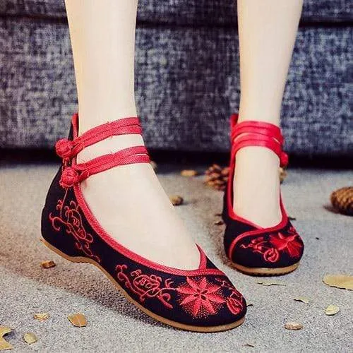 Floral Embroidered Cotton Linen Flats