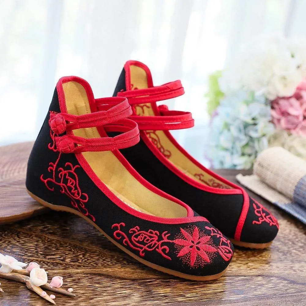 Floral Embroidered Cotton Linen Flats