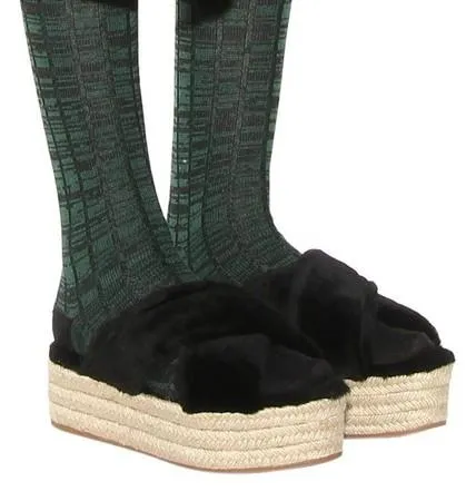 Fur Criss-Cross Platform Espadrille Sandals - Black