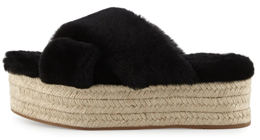 Fur Criss-Cross Platform Espadrille Sandals - Black