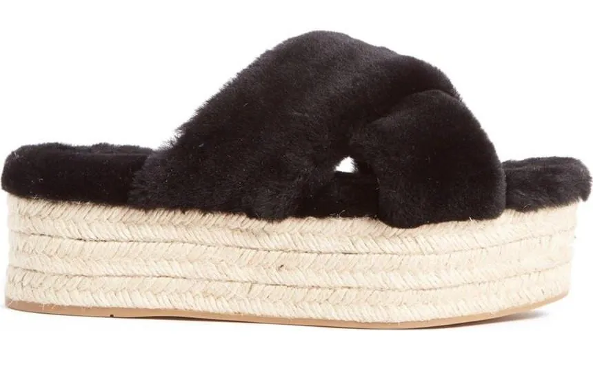 Fur Criss-Cross Platform Espadrille Sandals - Black