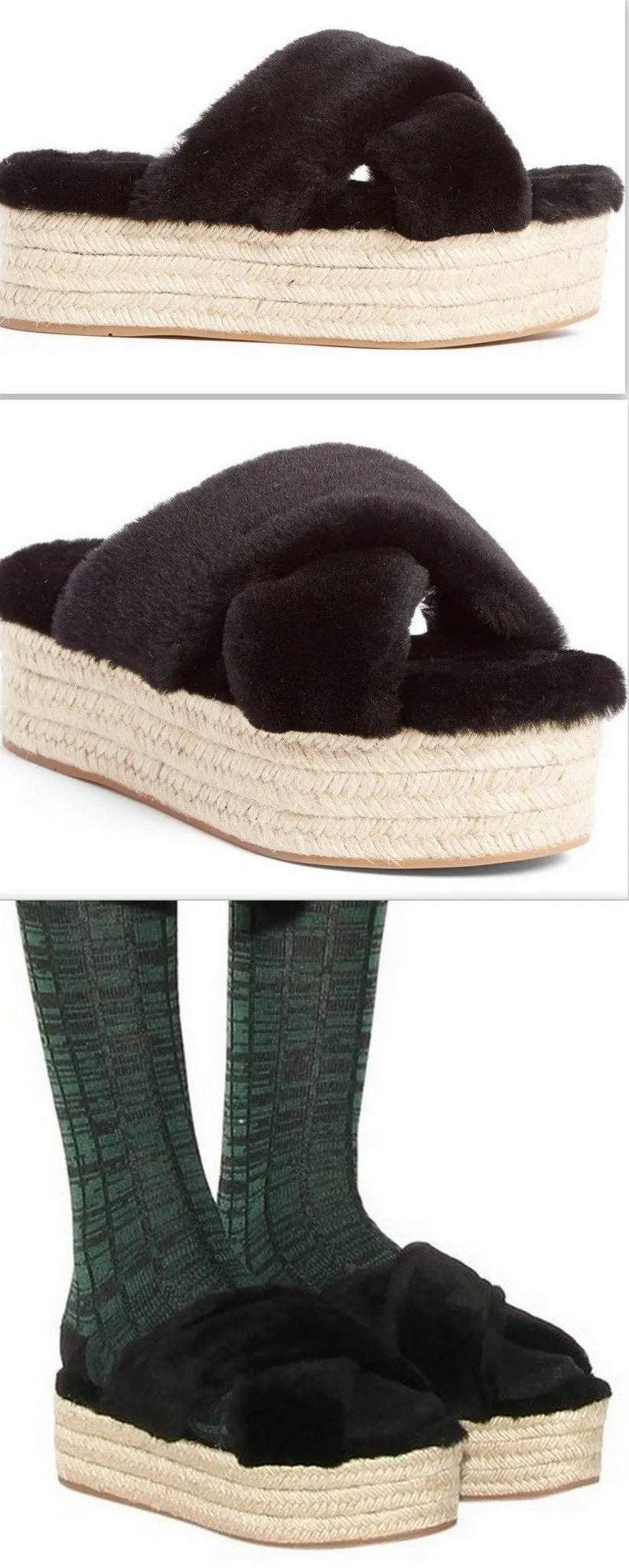 Fur Criss-Cross Platform Espadrille Sandals - Black