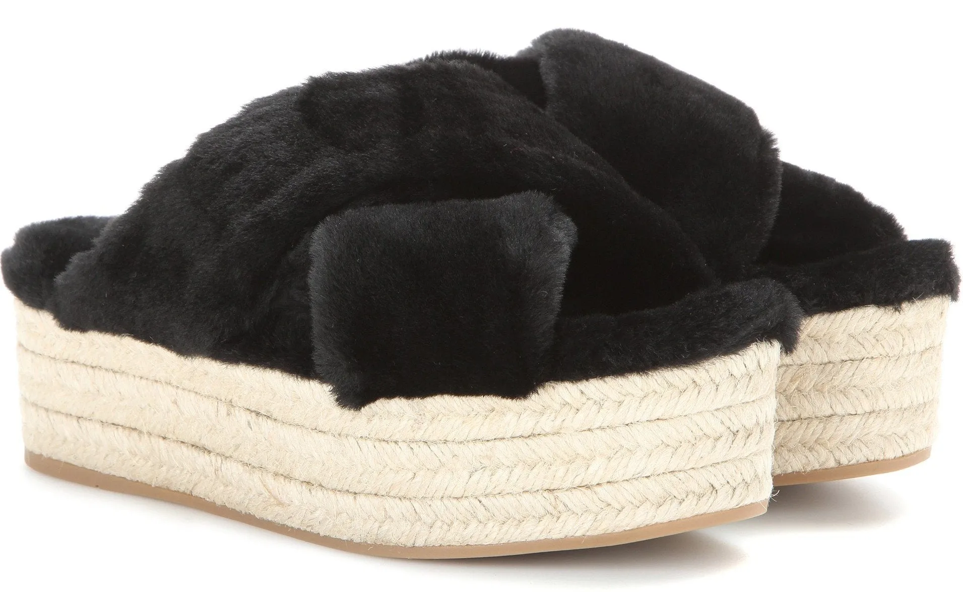 Fur Criss-Cross Platform Espadrille Sandals - Black