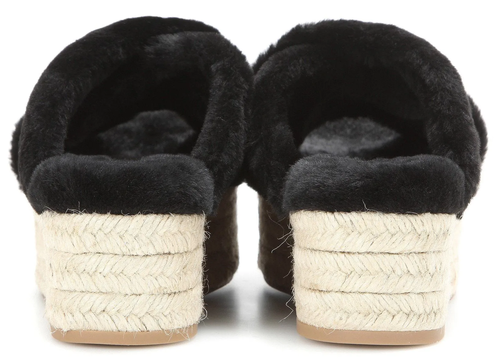 Fur Criss-Cross Platform Espadrille Sandals - Black