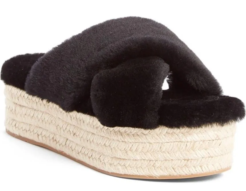 Fur Criss-Cross Platform Espadrille Sandals - Black