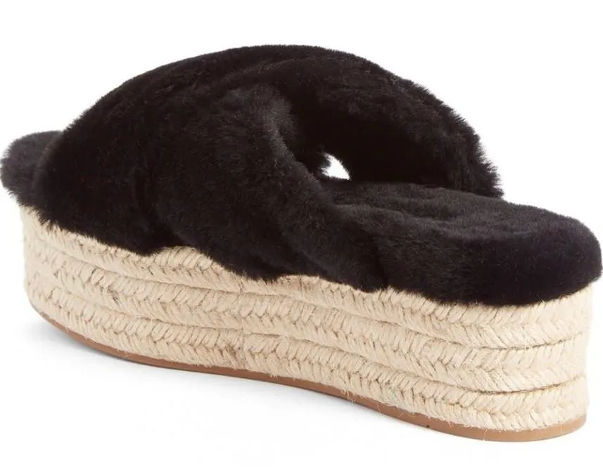 Fur Criss-Cross Platform Espadrille Sandals - Black