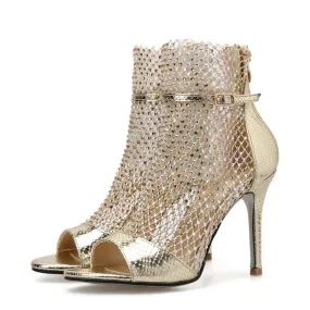 Glitter Rhinestone Peep-Toe Heels – Mesh Ankle Strap Pumps