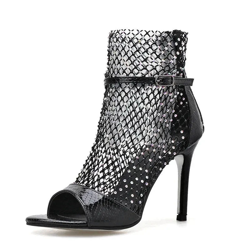 Glitter Rhinestone Peep-Toe Heels – Mesh Ankle Strap Pumps