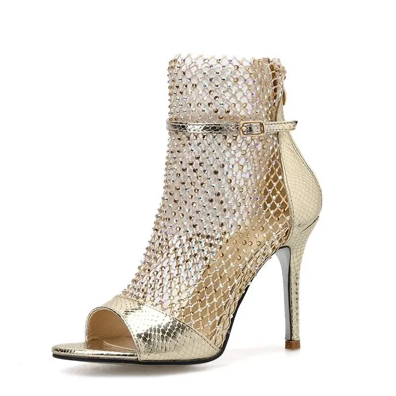 Glitter Rhinestone Peep-Toe Heels – Mesh Ankle Strap Pumps