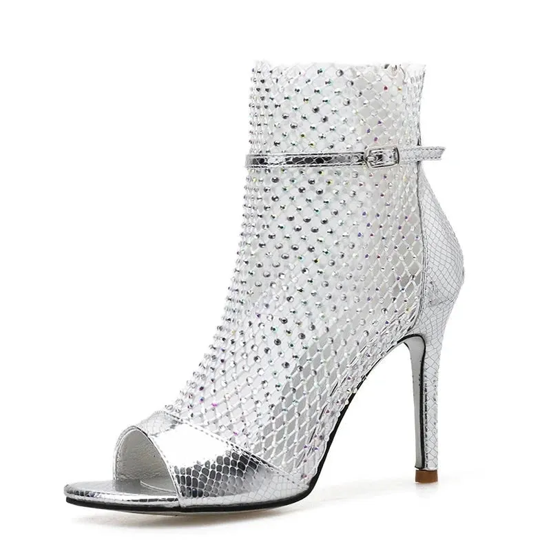 Glitter Rhinestone Peep-Toe Heels – Mesh Ankle Strap Pumps