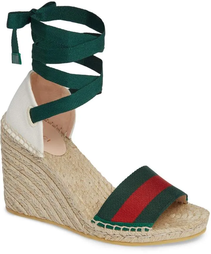 GUCCI LILIBETH WEB WEDGE ESPADRILLE SANDALS