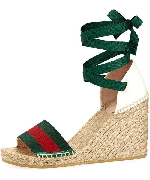 GUCCI LILIBETH WEB WEDGE ESPADRILLE SANDALS