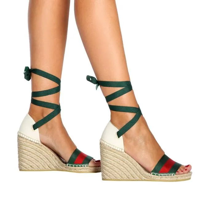 GUCCI LILIBETH WEB WEDGE ESPADRILLE SANDALS