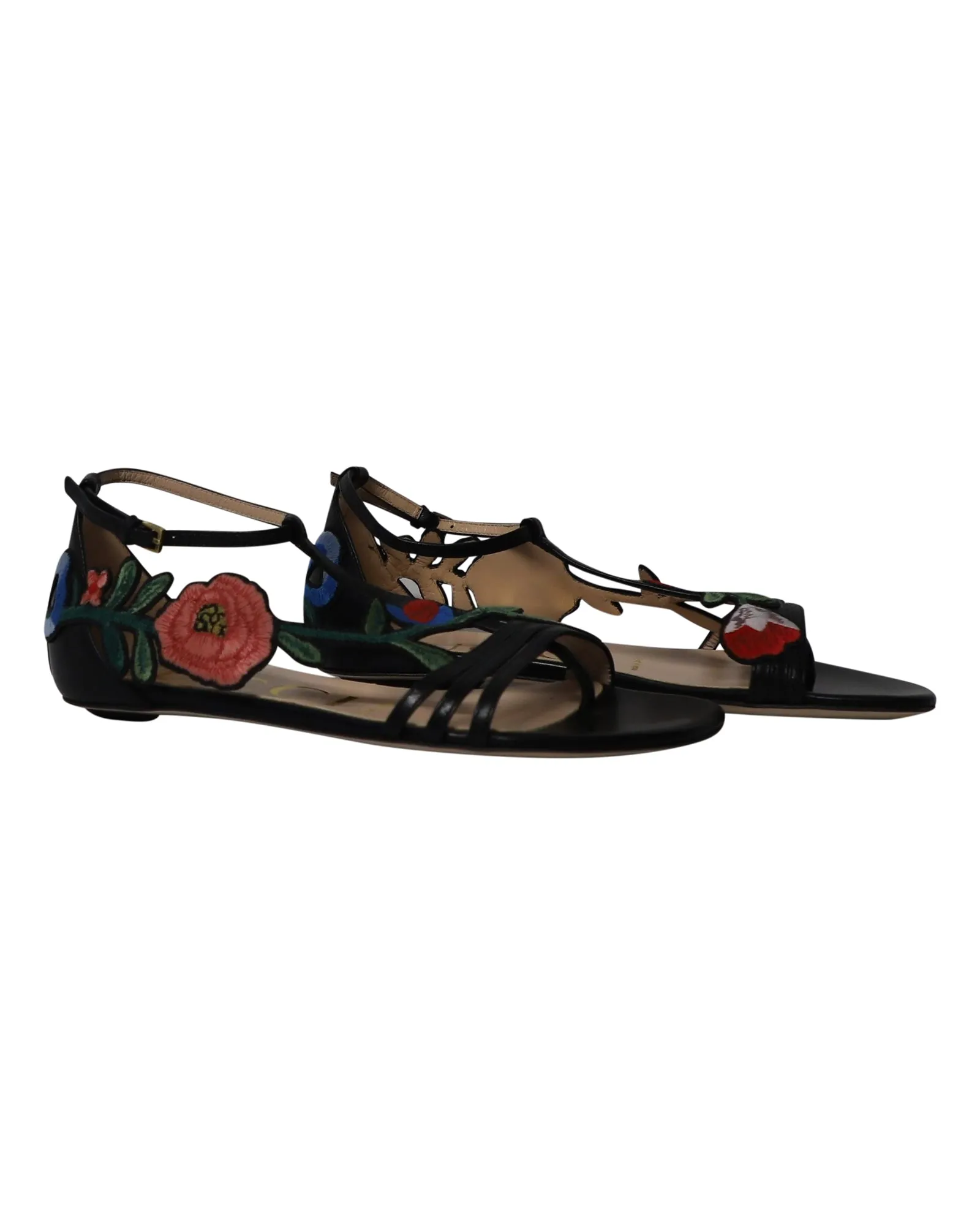 Gucci Ophelia Floral-Embroidered Flat Sandals in Black Leather