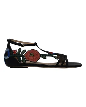 Gucci Ophelia Floral-Embroidered Flat Sandals in Black Leather