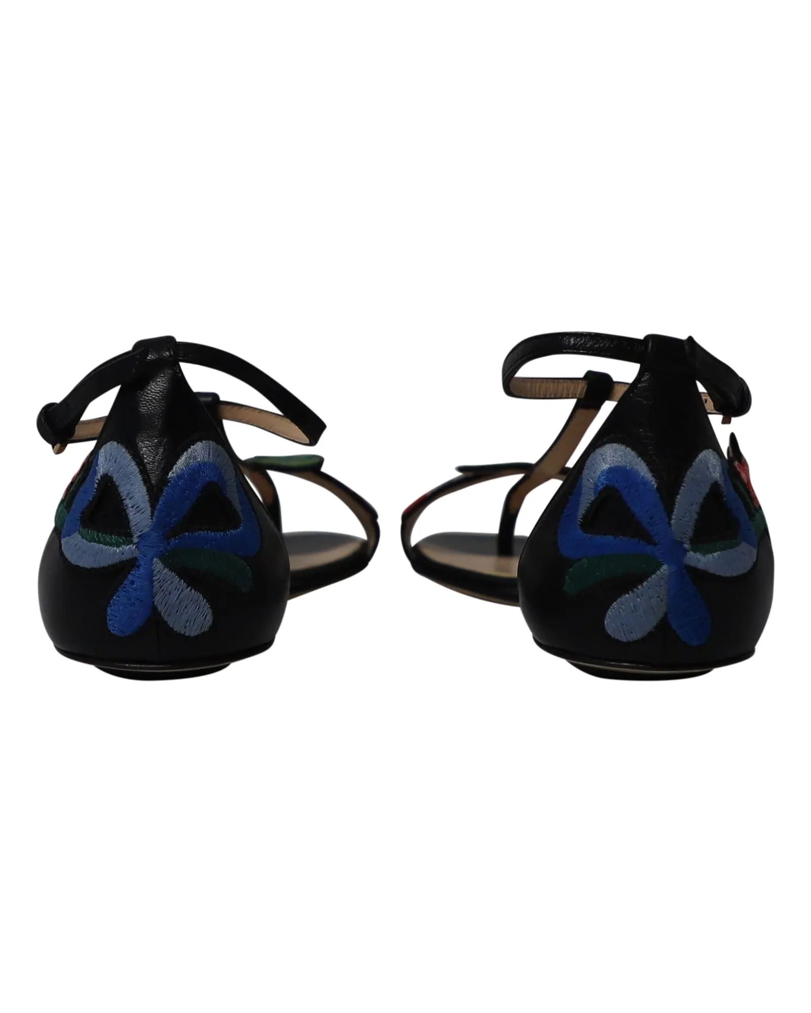 Gucci Ophelia Floral-Embroidered Flat Sandals in Black Leather