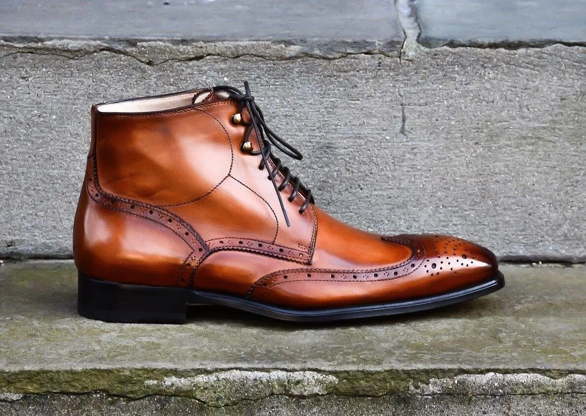 Hand Stitched Men's Lace Up Boots, Men Brown Brogues Designer Leather Boots