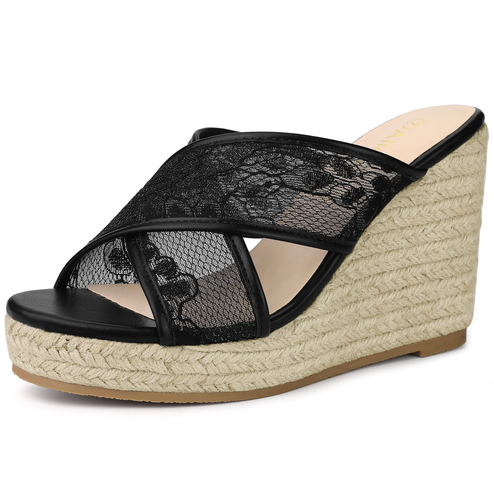 Lace Crisscross Strap Slide Wedge Espadrilles Sandals