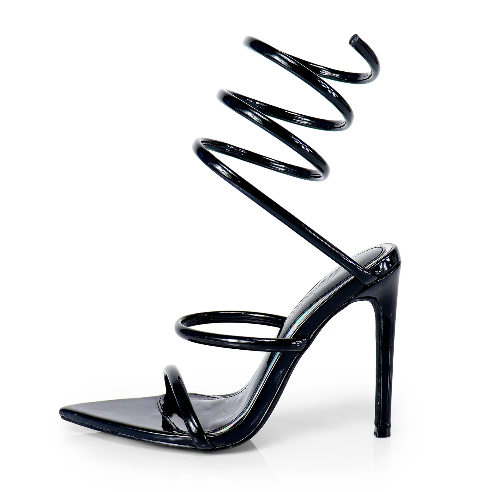 LAURENT-70 TUBULAR SPIRAL STRAP ON POINTED HEEL - BLACK