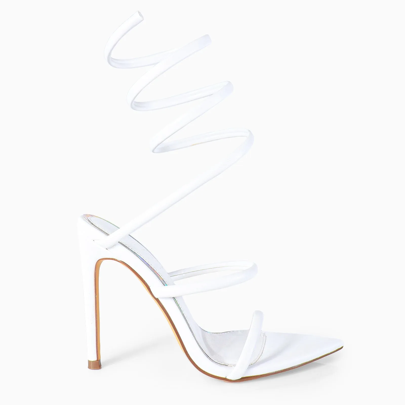 LAURENT-70 TUBULAR SPIRAL STRAP ON POINTED HEEL - WHITE